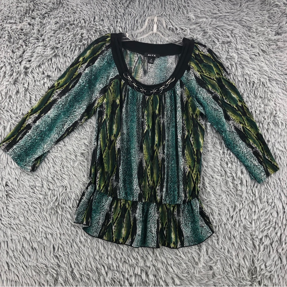 Alyx Blouse Womens Medium Snakeskin Print Built In Necklace Top